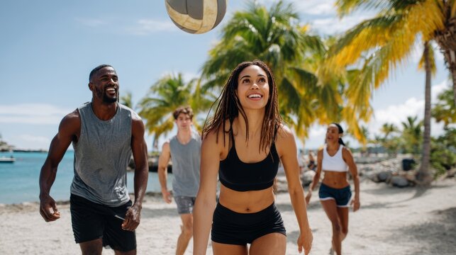 A group of young, diverse friends playing beach volleyball. A happy young woman is smiling and looking up at the ball. The setting is a sunny tropical beach with palm trees.