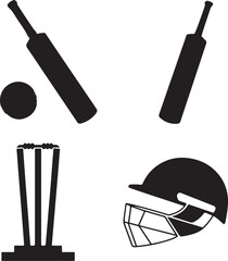 Cricket bat,ball,stump, helmet icon set, Cricket icons, Cricket elements silhouette vector illustration 