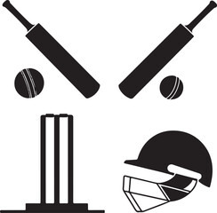 Cricket bat,ball,stump, helmet icon set, Cricket icons, Cricket elements silhouette vector illustration 