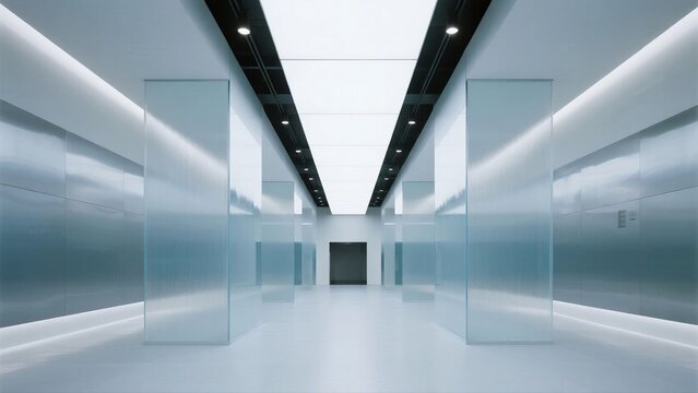 A minimalist modern corridor with glass walls and ceiling lights, featuring clean lines and symmetric architecture.
