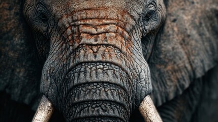 A close-up of an elephant's textured skin and tusks