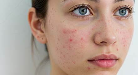 Dermatology close-up of young woman’s face with acne and red pimples on cheeks and chin, isolated on white background, skin condition photo