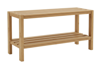 Stylish wooden bench for indoor use minimalist contemporary living room natural finish viewpoint. Cut out png