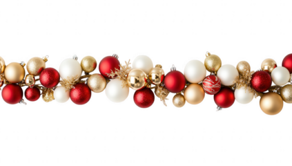Christmas garland with red, gold, and white ornaments isolated on transparent background