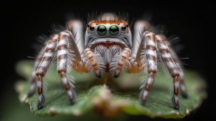 Fototapeta premium Extreme close up of a jumping spider with intricate details on a green leaf