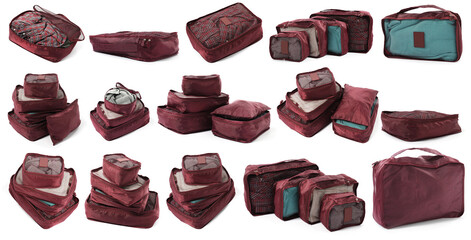 Packing cubes with clothes isolated on white, set