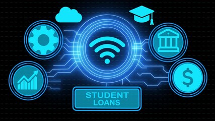  a button labeled 'Student Loans' on a digital interface. Various icons represent finance, education, and technology. Ideal for discussions on student financing.  - Powered by Adobe