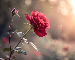 Obraz premium A single red rose blooms in the soft golden light of sunset