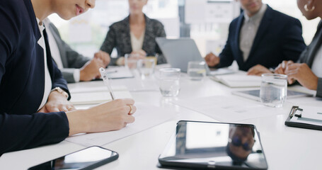 Fototapeta premium Business, woman and writing on document in meeting with signature, contract agreement and compliance. Female person, paperwork and application for partnership, company deal and information for notary