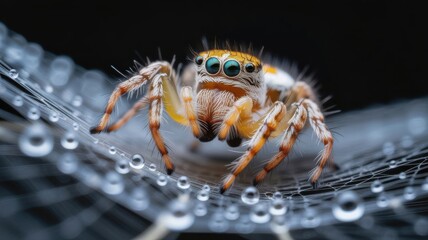 Close up of a small jumping spider on a dew covered spiderweb