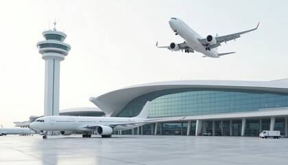 Modern airport terminal with airplanes on tarmac and airplane taking off. Control tower oversees aviation activity. Features contemporary architecture with glass and metal structure against clear sky.