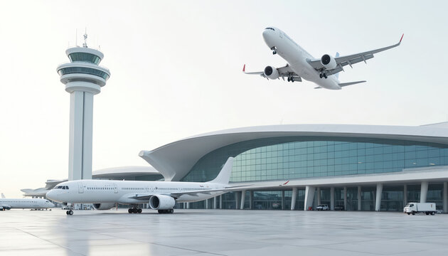 Modern airport terminal with airplanes on tarmac and airplane taking off. Control tower oversees aviation activity. Features contemporary architecture with glass and metal structure against clear sky.