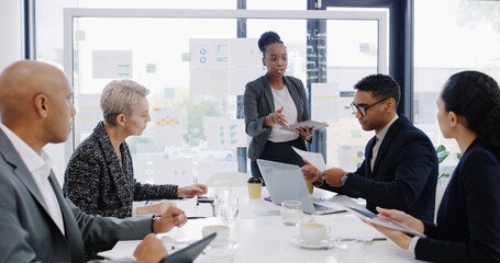 Presentation, meeting and business people in office with documents, graphs or charts for finance report. Discussion, board and team of financial advisors with technology for investment proposal.