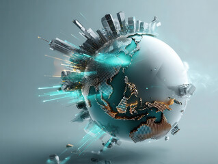 Global economic event impact concept. A futuristic globe with cityscapes emerging from its surface, symbolizing urban development and technological advancement.