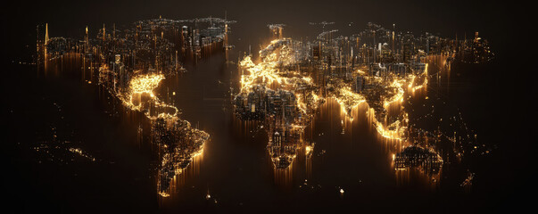 Global economic event impact concept. A stylized world map illuminated by bright city lights against a dark background, representing global connectivity and urban development.