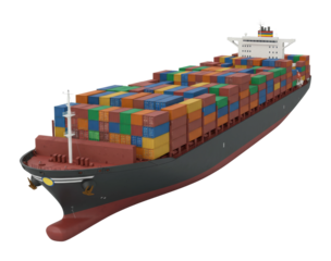 Shipping containers unloaded from cargo ship in busy port industrial environment aerial maritime trade. Cut out png