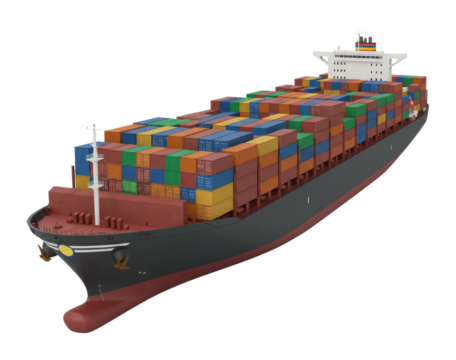 Shipping containers unloaded from cargo ship in busy port industrial environment aerial maritime trade. Cut out png