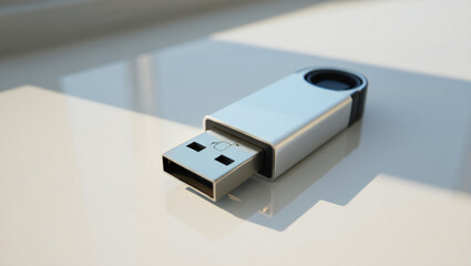 Sleek Silver USB Flash Drive on a Modern White Surface a Symbol of Data Storage and Portability with Shadows