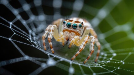 Close up macro shot of a jumping spider in its web