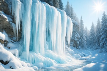 Majestic frozen waterfall cascading over snowy cliffs with glistening icicles in a serene winter forest under bright sunlight background concept. Ai generative