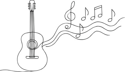 line art illustration of  guitar line art musical notes outline 
