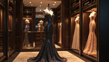 Luxurious dark shiny evening gown on mannequin. Intricate sequins create sparkle. Displayed in boutique setting with bokeh background. Chic formal attire, perfect for elegant events and fashion shows.