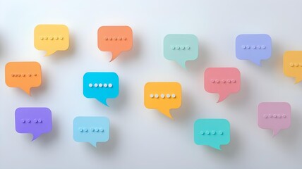 Naklejka premium minimal flat design of pastel-colored speech bubbles on clean white wall. communication and social media concept