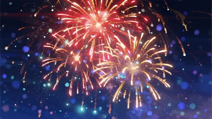 Fototapeta premium A stunning display of fireworks illuminates the dark night sky with bright, colorful bursts and patterns.
