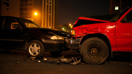 Fototapeta premium Car Crash Scene with Damaged Vehicles at Night Showing Accident Aftermath and the Importance of Safe Driving Practices and Vehicle Insurance Coverage