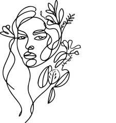 line art illustration of  minimalist line art woman face floral continuous line drawing 