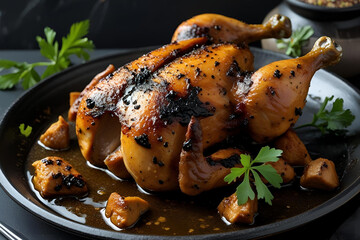 Dark and Glossy Roasted Chicken in a Rich Savory Sauce