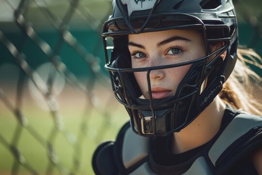 Young female baseball catcher in helmet and gear looking focused
