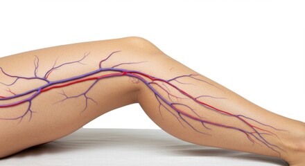 Medical dermatology photo of leg with varicose veins showing blue and purple vein patterns, isolated on white background