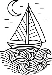 line art illustration of  sailboat line art continuous line waves moon nautical outline minimalist illustration