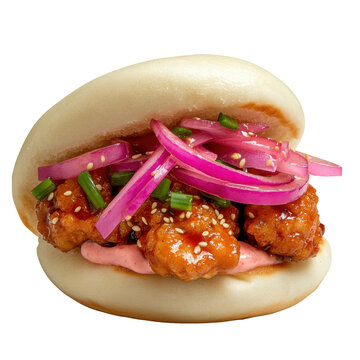 Delicious Baos with Fried Chicken, Pickled Onions, and Spicy Sauce in a Soft Bun on transparent background