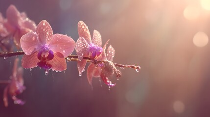 Delicate pink orchids with water droplets in sunlight.