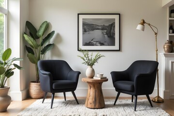 Modern living room interior with two black chairs and a table