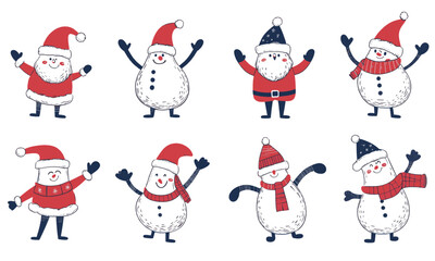 Cute Christmas character set. Collection of vector illustration doodle linocut style