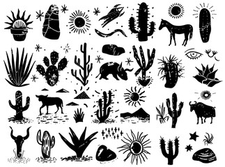 Far west desert vector elements of nature, plants, stones, animals, stars, sun, moon, cactus. Linocut style background