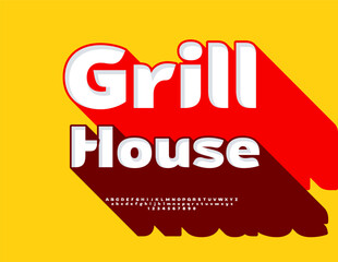 Vector Advertising board Grill House. Bright Font with Big Shadow. Creative Alphabet Letters and Numbers set