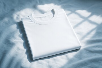Folded white t-shirt mockup on soft fabric surface with natural light and shadows for branding and presentation template concept. Ai generative