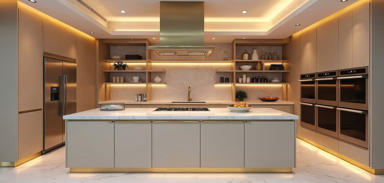 Contemporary kitchen features soft beige cabinets, LED strip lighting. Large marble island with brass accents complemented by stainless steel appliances, open shelving. Modern luxury design with