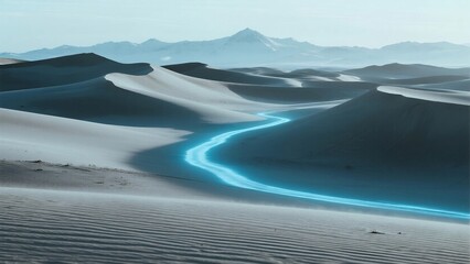 A surreal scene of a glowing blue river meandering across endless desert dunes under a clear sky with distant mountains.