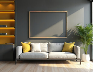 Gray living room interior features modern sofa with yellow, white pillows. Large empty picture frame hangs on wall above sofa. Yellow shelves with books, potted palm plant add vibrant accents.