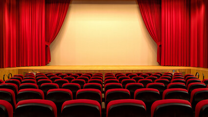 Elegant Theater Interior with Red Velvet Seats and Stage Curtains for Performance Arts and Entertainment Venues a Classic Auditorium Ambiance for Cultural Events