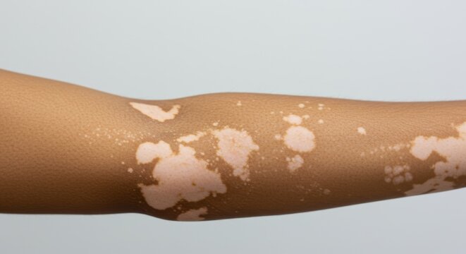 Dermatology clinical photo of arm with vitiligo showing white depigmented skin patches, isolated on white background.