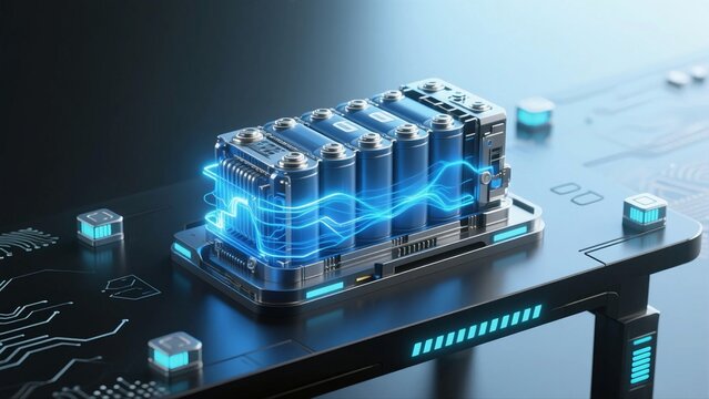 A close-up view of a high-tech lithium-ion battery with visible circuit patterns and energy flow visualization.