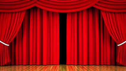 Dramatic Red Stage Curtains and Wooden Floor Announce the Beginning of a Performance Event or Special Presentation with a Sense of Anticipation and Grandeur
