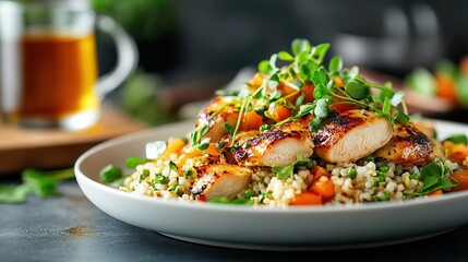 Grilled chicken and quinoa salad with fresh herbs in a rustic kitchen setting.