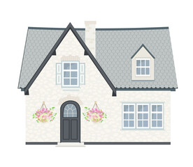 cute white stone house with grey tiled roof and chimney. isolated two story building with hanging flower pots, shutters window